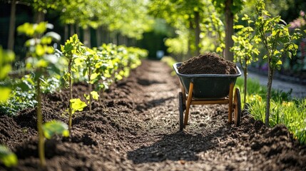 A wheelbarrow filled with compost next to rows of young saplings in a rural area.