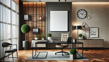 Contemporary Office with Minimalist Frame and Decor