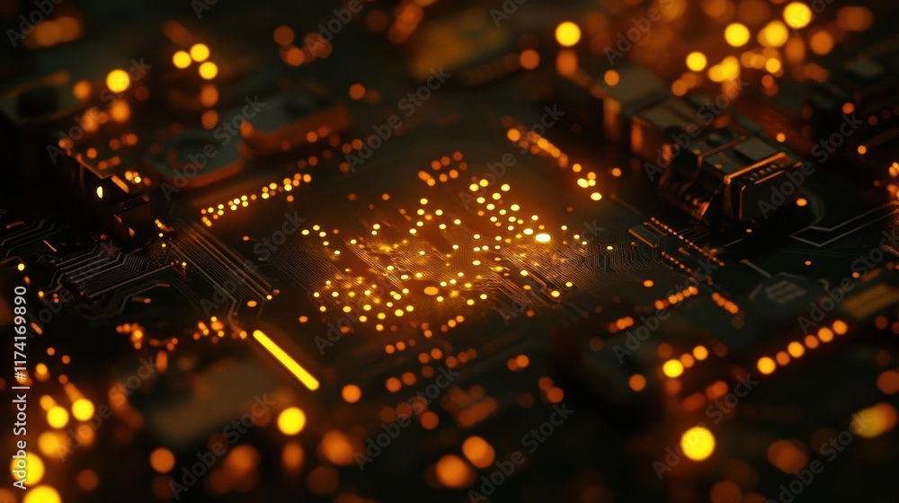 Poster complex network of circuits and electronic components illuminated by vibrant golden lights, creating