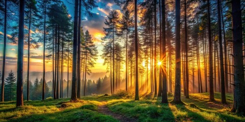 Generative AI captures an abstract sunset forest scene, perfect for low-light wallpaper.