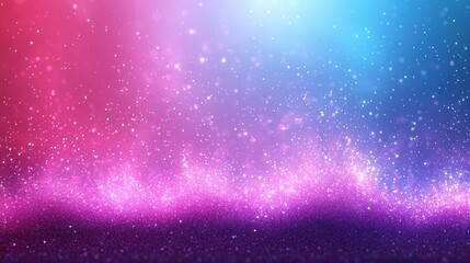 A vibrant abstract background with sparkling particles in pink and blue hues.