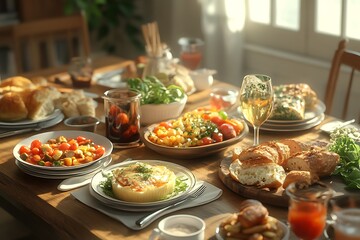 A beautifully arranged table filled with various dishes and drinks for a gathering.