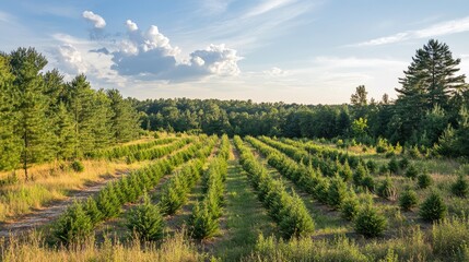 Naklejka premium A wide-angle view of a rural field transitioning into a sustainable tree plantation.