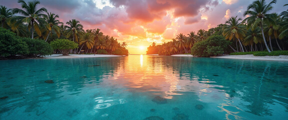 Serene Tropical Lagoon at Sunset with Vibrant Reflections and Lush Palm Trees