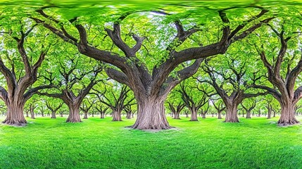 Obraz premium A vibrant grove of trees with lush green foliage and a grassy landscape.