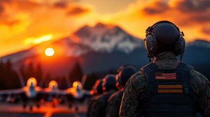 A powerful military scene featuring soldiers in formation, backlit by a magnificent sunset, flanked by fighter jets preparing for an impactful mission in the majestic landscape.