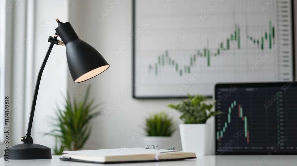 Poster a workspace with a trading notebook and market trend graphs under a modern lamp.