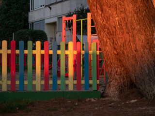 Pine tree illuminated at sunset. Tree trunk. Multicolored painted wooden boards on the fence around the playground are illuminated by the rays of the setting sun. Pula, Croatia - January 3, 2025