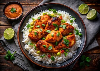 Fototapeta premium Golden rice, succulent chicken, seen from above, bathed in night's glow.