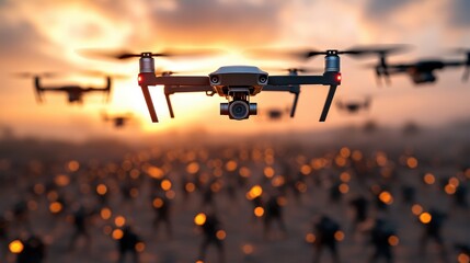 An intense close-up of hovering drones casting shadows over a group of soldiers, emblematic of the profound impact of technology and strategy in contemporary military operations.