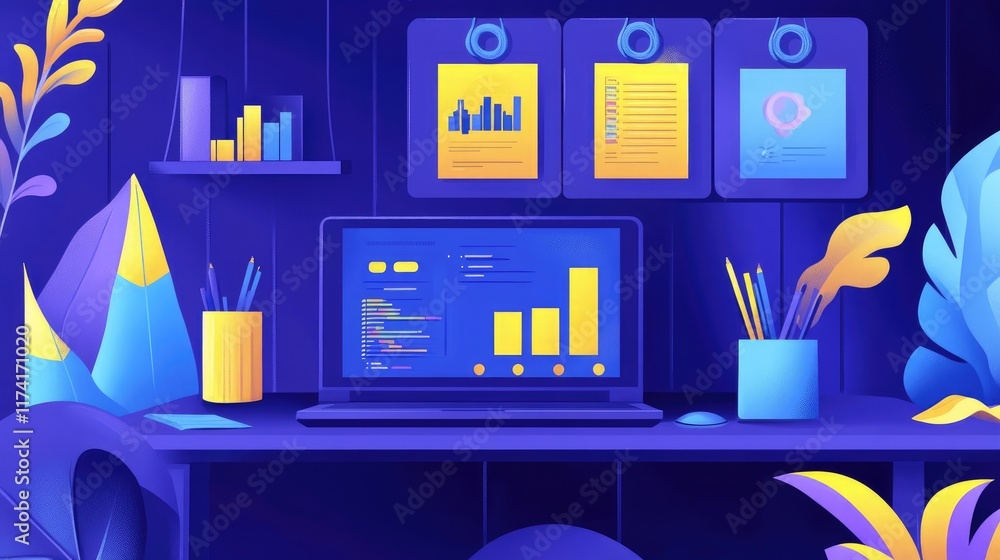 Poster a workspace with laptops displaying financial dashboards and brainstorming notes.