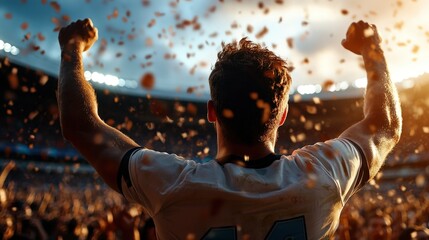 An exhilarating moment captured in sports where a victorious athlete raises their arms in triumph amidst a celebration, reflecting emotions of joy, success, and collective achievement.