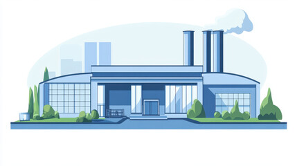 Flat vector illustration of an industrial building with smokestacks and greenery, simple flat style, industrial factory, blue color scheme