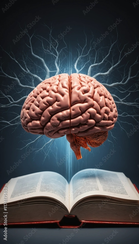 Poster human brain and open book, knowledge and learning concept. abstract image of a brain above an open b