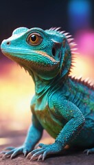 Fototapeta premium Vibrant blue lizard basking in the warm light, showcasing intricate scales and piercing gaze. A stunning reptile portrait.