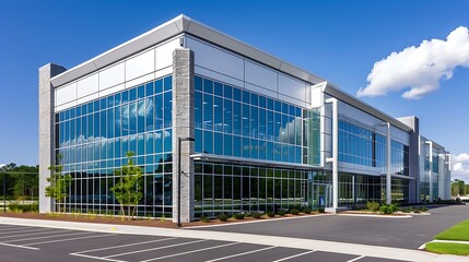 Obraz premium A contemporary commercial building with a combination of steel, glass, and concrete materials, showcasing the latest in sustainable urban design.