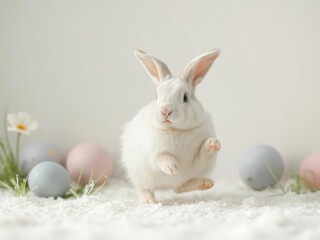 Obraz premium Fluffy Easter bunny hopping on a pristine white chick background, easter design, vibrant, easter image