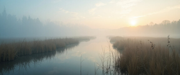 Fototapeta premium Misty Sunrise Over a Calm Tidal Marsh Habitat with Tall Grass Fringing the Water Creating a Serene, Tranquil Atmosphere