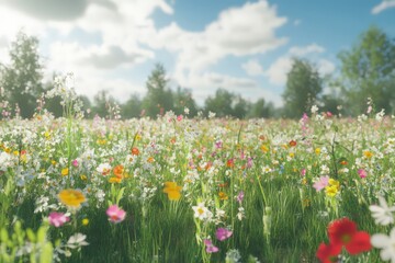 Fototapeta premium Wildflowers blooming in a meadow under a cloudy sky