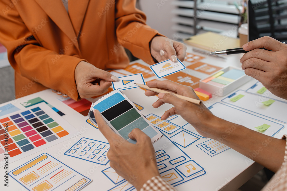 Poster process of creating an interface for a mobile app, user interface and experience concept, ux, ui, ux