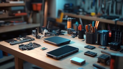Electronic components, tools, and devices are scattered on a workbench in a workshop, showcasing the process of assembling or repairing electronic gadgets