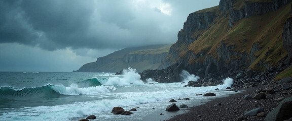 Majestic coastline waves crashing against rocky cliffs under a dramatic cloudy sky, evoking a sense of raw wilderness and nature's power