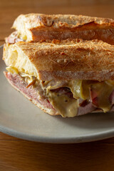 A closeup view of a roast beef sandwich.