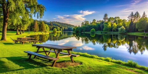 Obraz premium High-resolution image: tranquil lake, bordering forest, picnic tables beckon beneath a flawless blue sky.