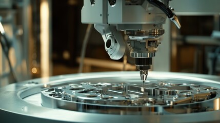 Fototapeta premium Modern robotic arm performing precise operations on a metal detail in an advanced factory setting, showcasing the automation and precision of modern manufacturing processes