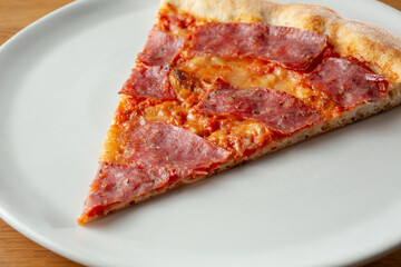 A view of a salami pizza slice, on a plate.