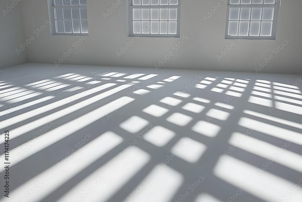 Poster abstract light and shadow patterns cast by windows on a light grey floor in a minimalist room. ideal