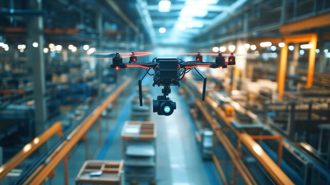 Modern quadcopter drone with camera flying in industrial warehouse, monitoring production process, optimizing workflow, ensuring quality control and enhancing efficiency - Powered by Adobe