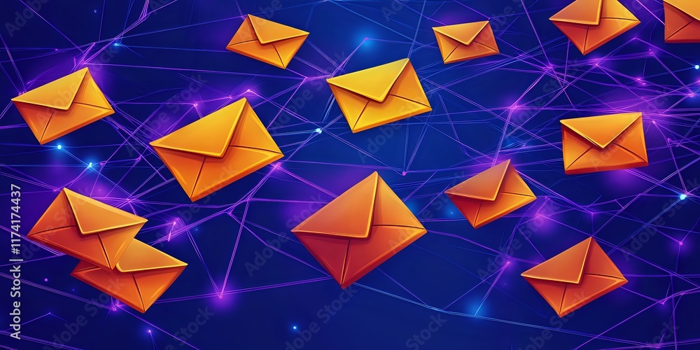 Poster global email network: a vibrant visualization of interconnected emails traversing a digital network,