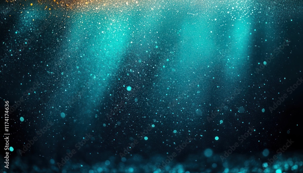 Poster turquoise underwater surreal scene shimmering particles ethereal lighting bokeh minimalistic composi