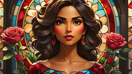 Valentine's Day Portrait:  Hispanic woman with hearts, roses, and stained glass style