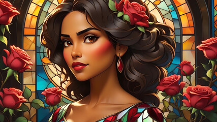 Valentine's Day Portrait:  Hispanic woman with hearts, roses, and stained glass style