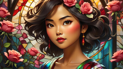 Valentine's Day Portrait:  Asian woman with hearts, roses, and stained glass style