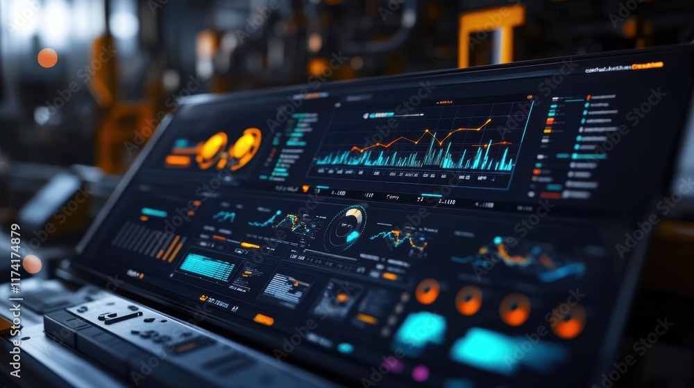 Poster screen displaying various graphs, charts, and data visualizations, illustrating advanced technologic