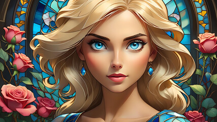 Valentine's Day Portrait:  Blonde woman with hearts, roses, and stained glass style