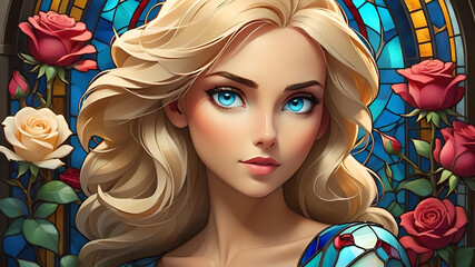 Valentine's Day Portrait:  Blonde woman with hearts, roses, and stained glass style