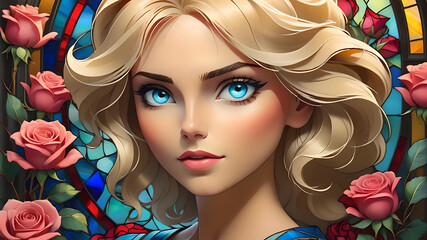 Valentine's Day Portrait:  Blonde woman with hearts, roses, and stained glass style