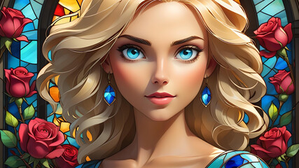 Valentine's Day Portrait:  Blonde woman with hearts, roses, and stained glass style