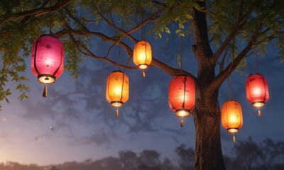 Obraz premium Vibrant lanterns suspended from a tree branch , rustic charm, twinkling lights, festival atmosphere