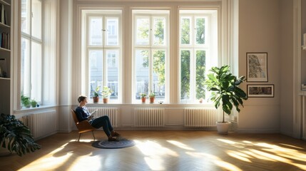 Bright and Airy Living Space with Large Windows, Cozy Chair, Green Plants, and Natural Light Streaming into the Room Creating a Calm Atmosphere for Relaxation and Reading