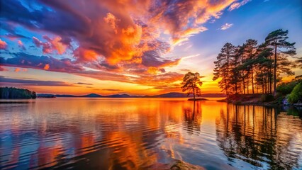 Fototapeta premium Lake Keowee's golden sunset paints a picturesque South Carolina landscape; stunning photography captures the moment.