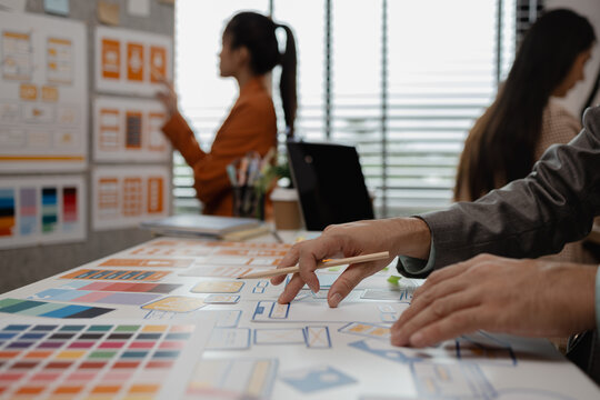 drawing website ux ui app for mobile phone application and development template layout, UI development, designer team working on a project of ux ui in creative office, team of creative web