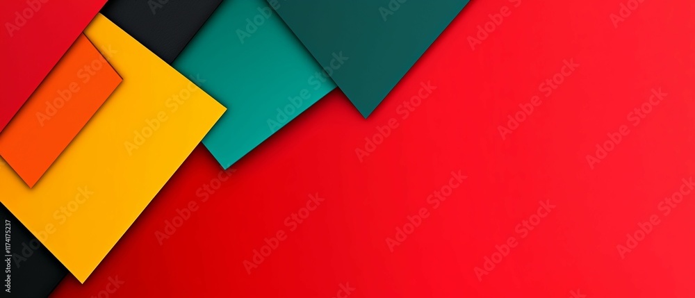 Poster a vibrant abstract composition featuring colorful geometric shapes layered over a bold red backgroun