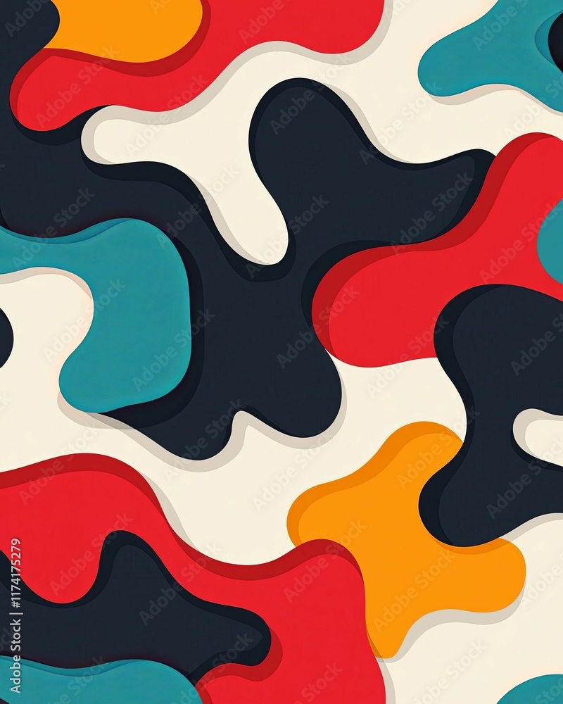 Aufkleber a vibrant abstract pattern featuring organic shapes in contrasting colors like red, blue, black, and