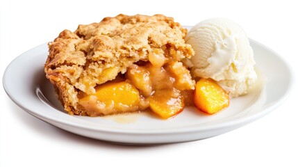 delicious plate of peach cobbler and vanilla ice cream isolated on white background