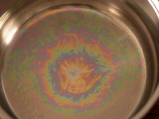 Iridescent color spots on the bottom of a stainless steel pan. Light interference in thin films. Concept of optical effects on familiar objects. Visual physics on kitchen household things